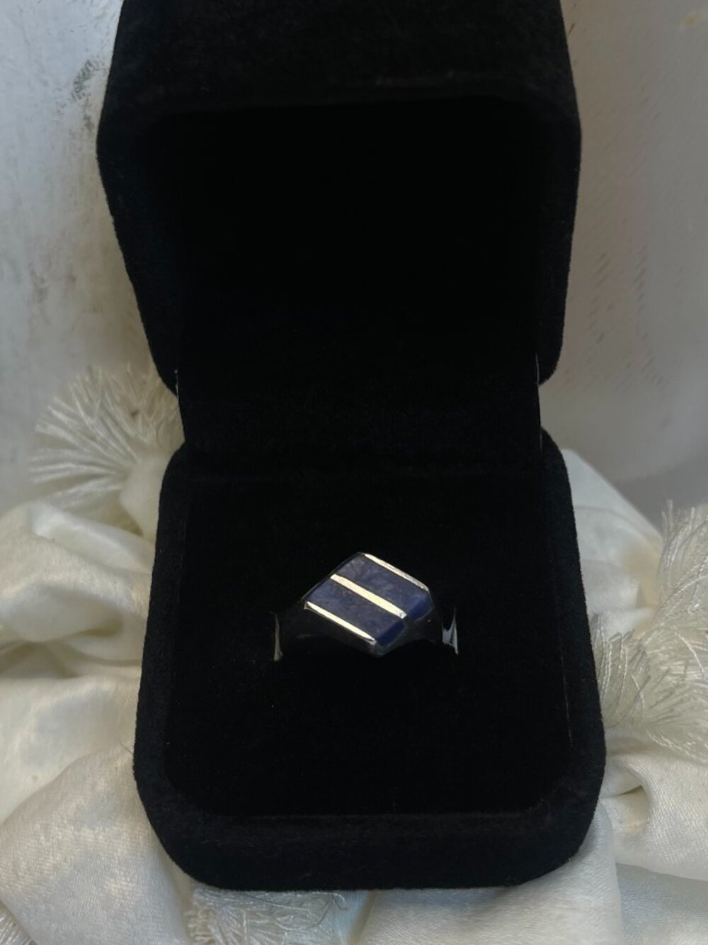 Vintage Taxco Mexico 925 Sterling Silver Lapis Lazuli Inlay Ring Size 6.5